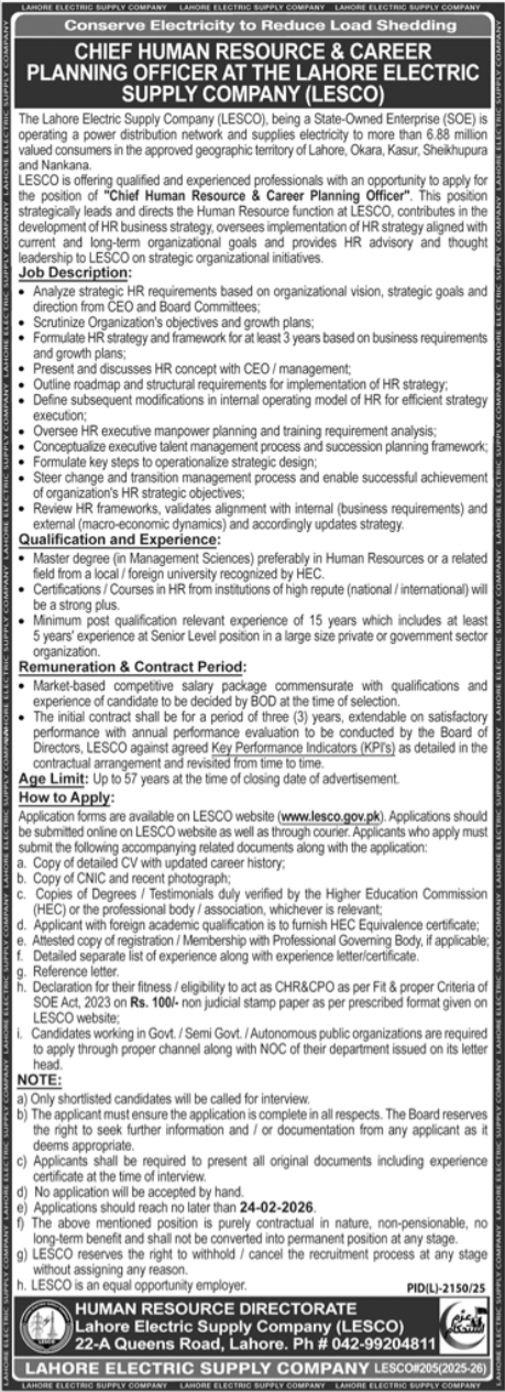 Lahore Electric Supply Company LESCO Jobs 2026 – Lahore Electric Supply Company LESCO Lahore Jobs 2026 — original advertisement