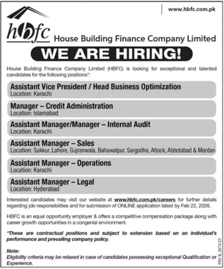 House Building Finance Company Limited HBFCL Karachi Jobs – House Building Finance Company Ltd Jobs 2026 — original advertisement