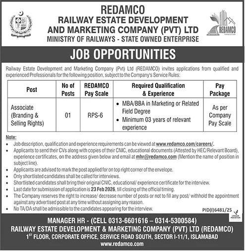 Railway Estate Development & Marketing Company Pvt Ltd Jobs – Ministry of Railways Islamabad Jobs 2026 — original advertisement