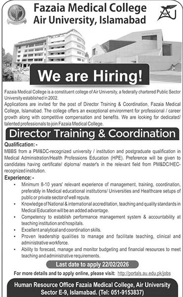 Fazaia Medical College Islamabad Jobs 2026 – Fazaia Schools & Colleges Jobs 2026 — original advertisement