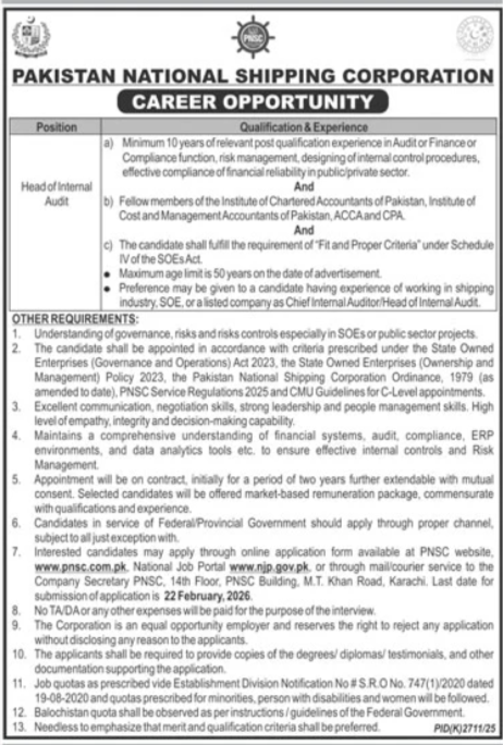 Pakistan National Shipping Corporation PNSC Karachi Job 2026 – Pakistan National Shipping Corporation Karachi Jobs 2026 — original advertisement