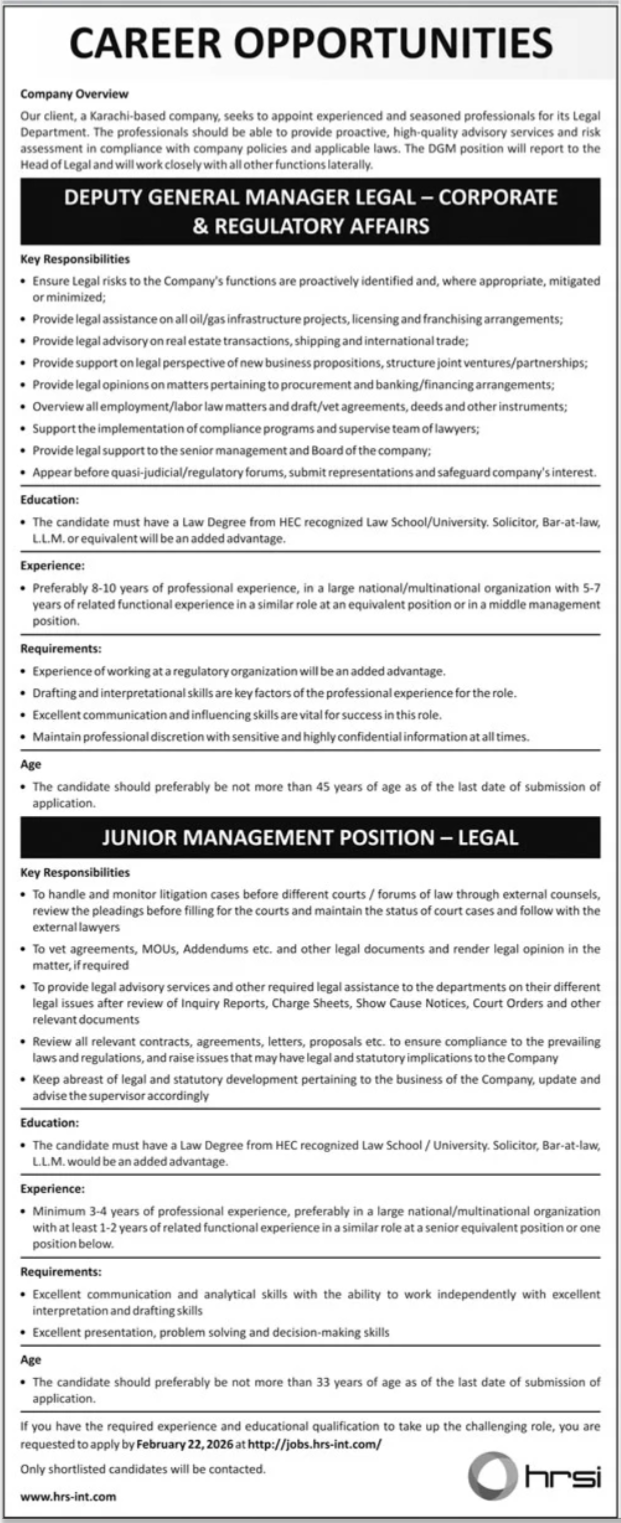 Human Resource Solutions International HRSI Karachi Jobs – HRSG People and Business karachi Jobs 2026 — original advertisement