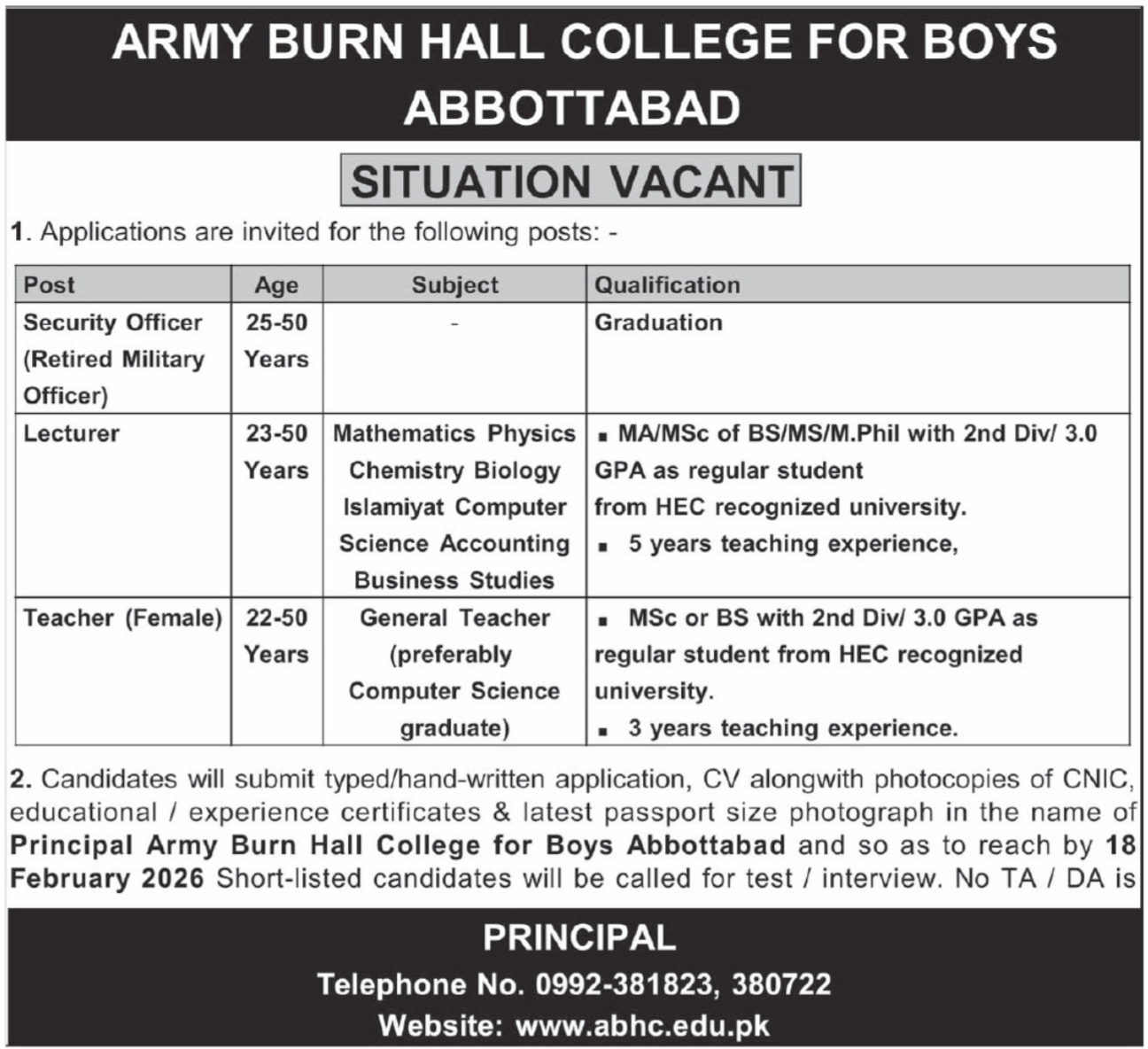 Army Burn Hall College for Boys Abbottabad Jobs 2026 – Army Burn Hall College Abbottabad Jobs 2026 — original advertisement