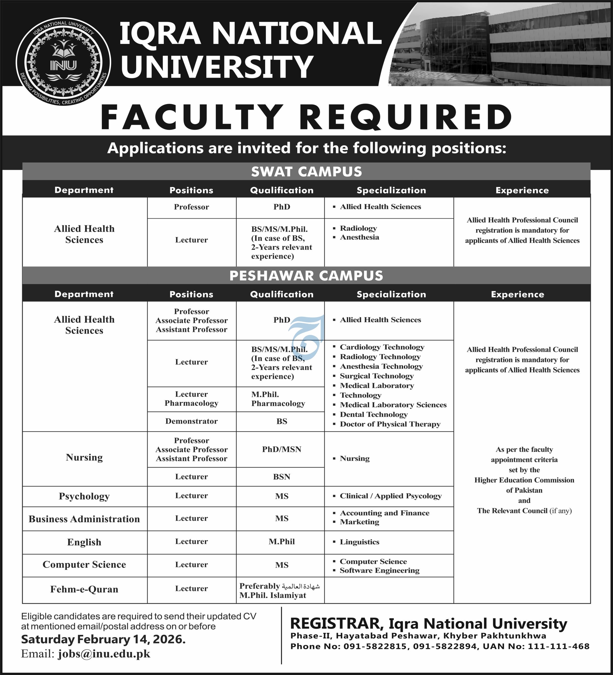 Iqra National University Peshawar Jobs 2026 – Iqra University Islamabad Campus Jobs 2026 — original advertisement