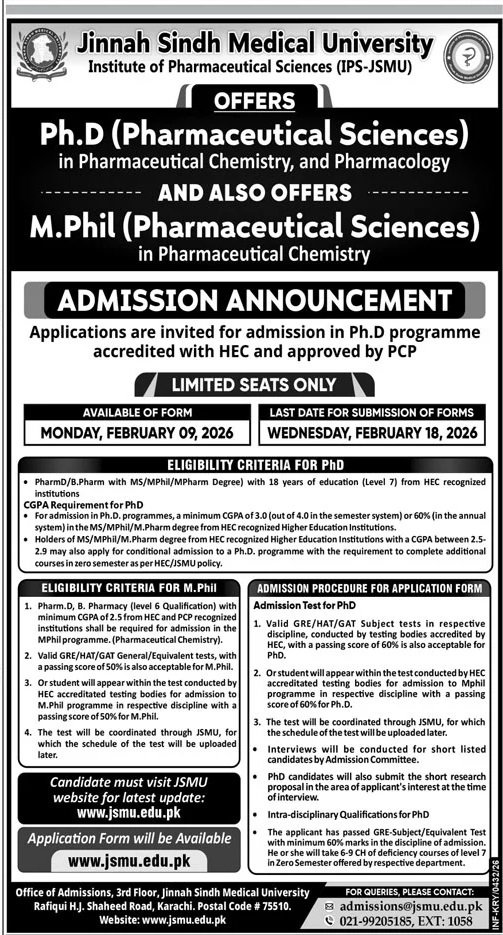 Admission Open in Jinnah Sindh Medical University karachi Admissions 2026 — original advertisement