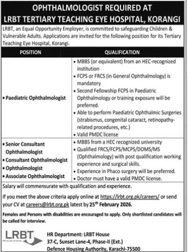 Lrbt Tertiary Teaching Eye Hospital, Korangi Jobs 2026 – LRBT Tertiary Eye Teaching  Hospital Jobs 2026 — original advertisement