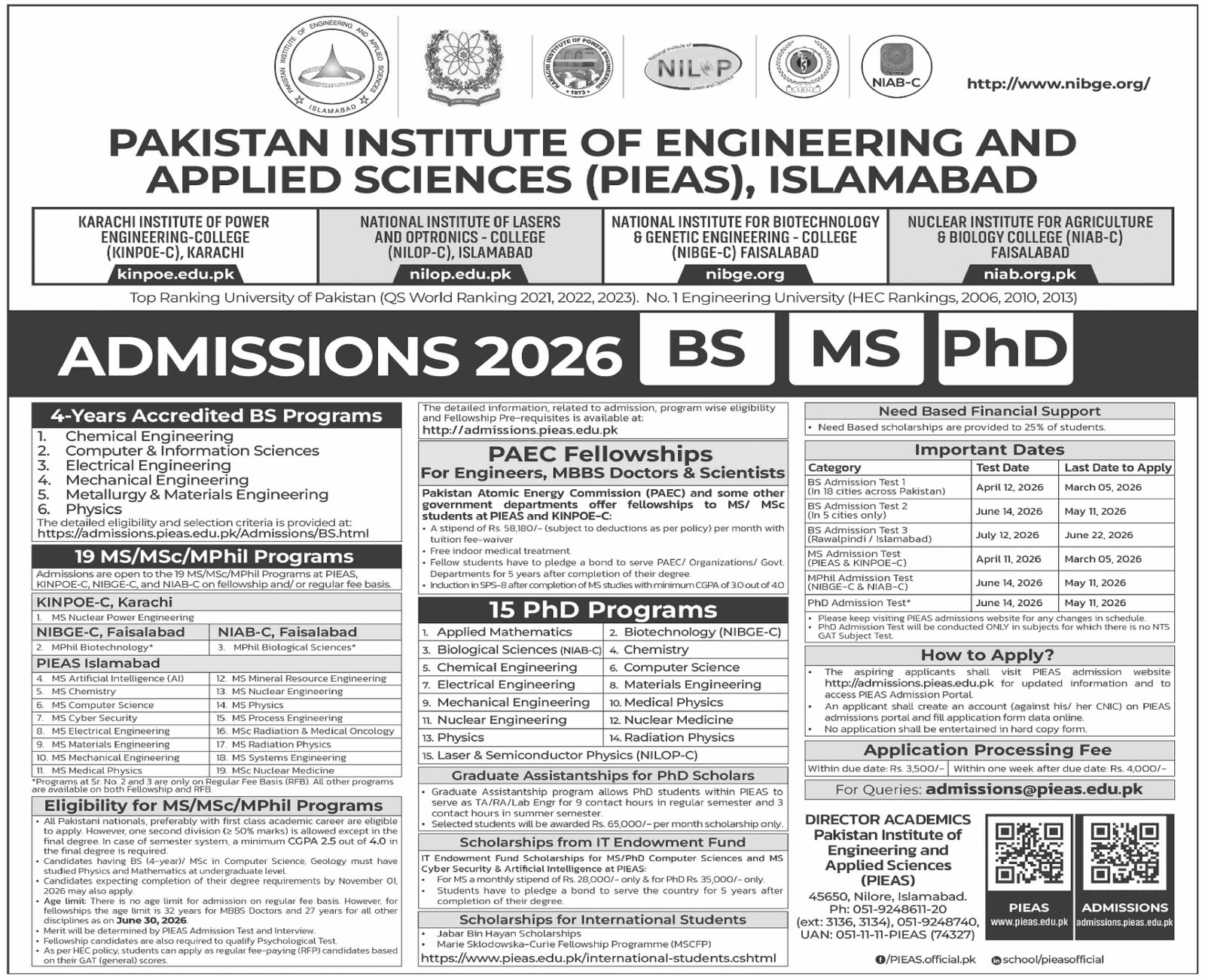 Admission Open in Pakistan Institute of Engineering 2026 – Pakistan Institute of Engineering and Applied Sciences (PIEAS) Admissions 2026 — original advertisement