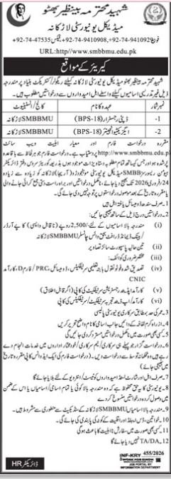 Shaheed Mohtarma Benazir Medical University Larkana Jobs – Shaheed Mohtarma Benazir Bhutto Medical University Larkana Jobs 2026 — original advertisement