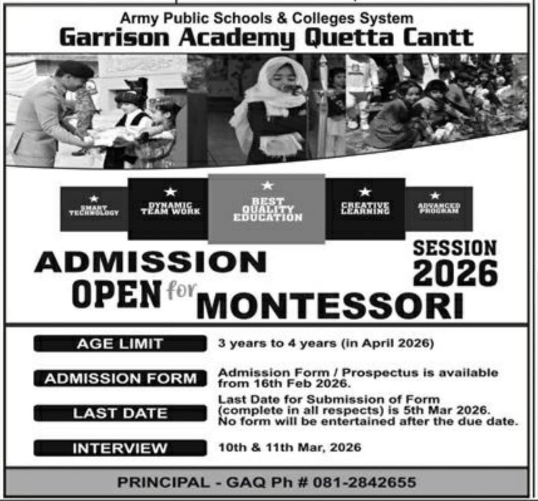 Admission Open in Garrison Academy Quetta Cantt 2026 – Garrison Human Resource Development Panuaqil Admissions 2026 — original advertisement