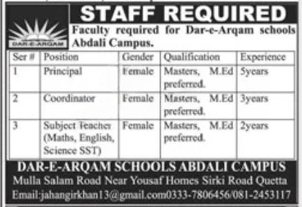 Dar e Arqam School Quetta Jobs 2026 Jobs 2026 — original advertisement
