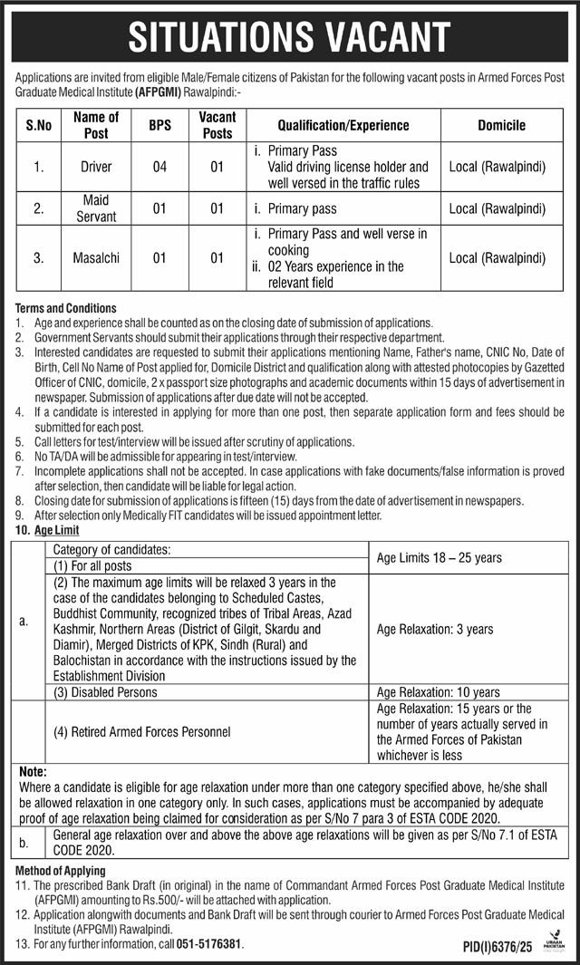 Armed Forces Post Graduate Medical Institute AFPGMI Jobs – Pakistan Army Jobs 2026 — original advertisement