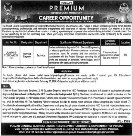 Punjab Central Business District Development Authority Job Jobs 2026 — original advertisement