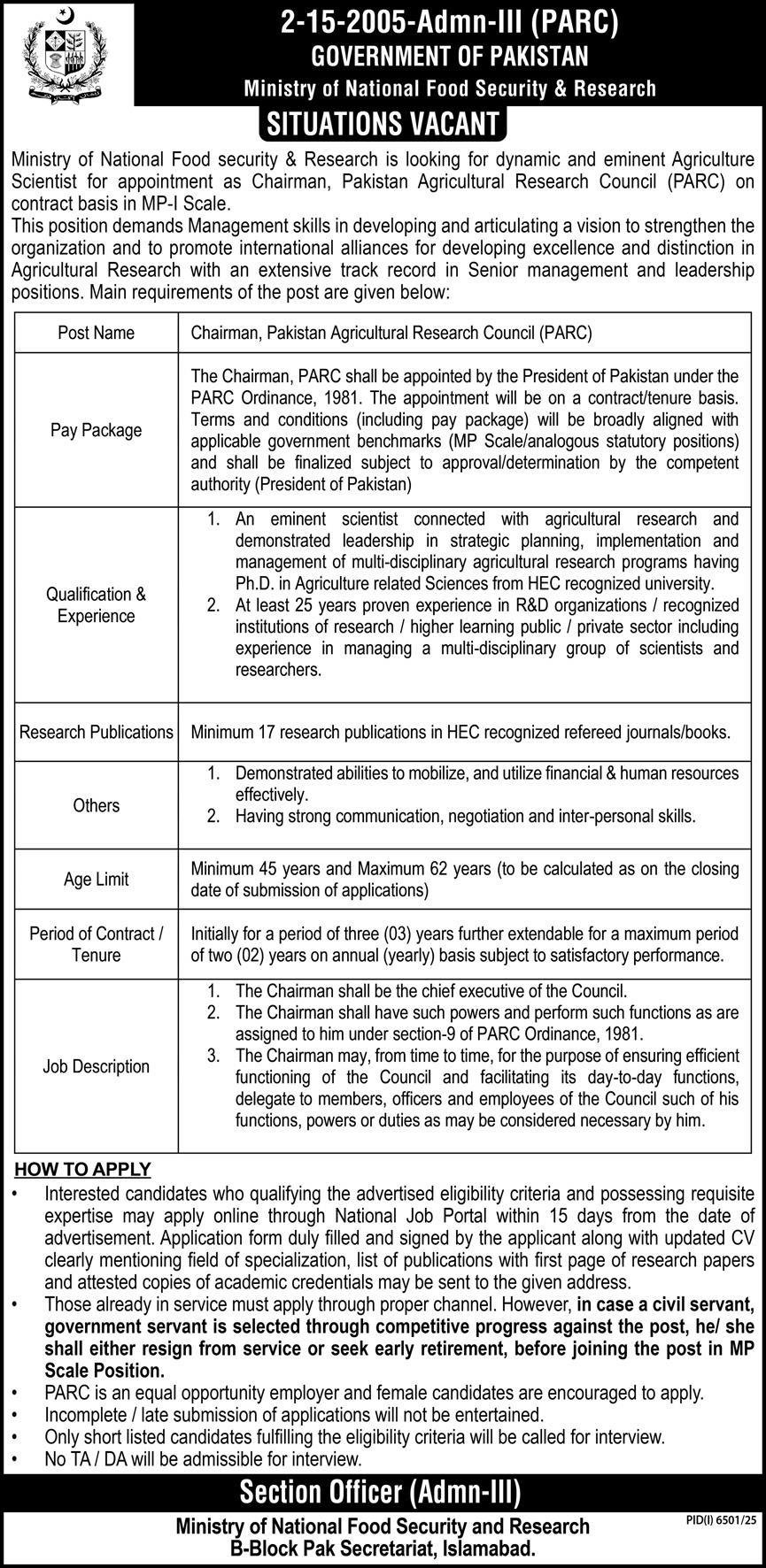 Pakistan Agricultural Research Council PARC Jobs 2026 – Pakistan Agricultural Research Council Islamabad Jobs 2026 — original advertisement