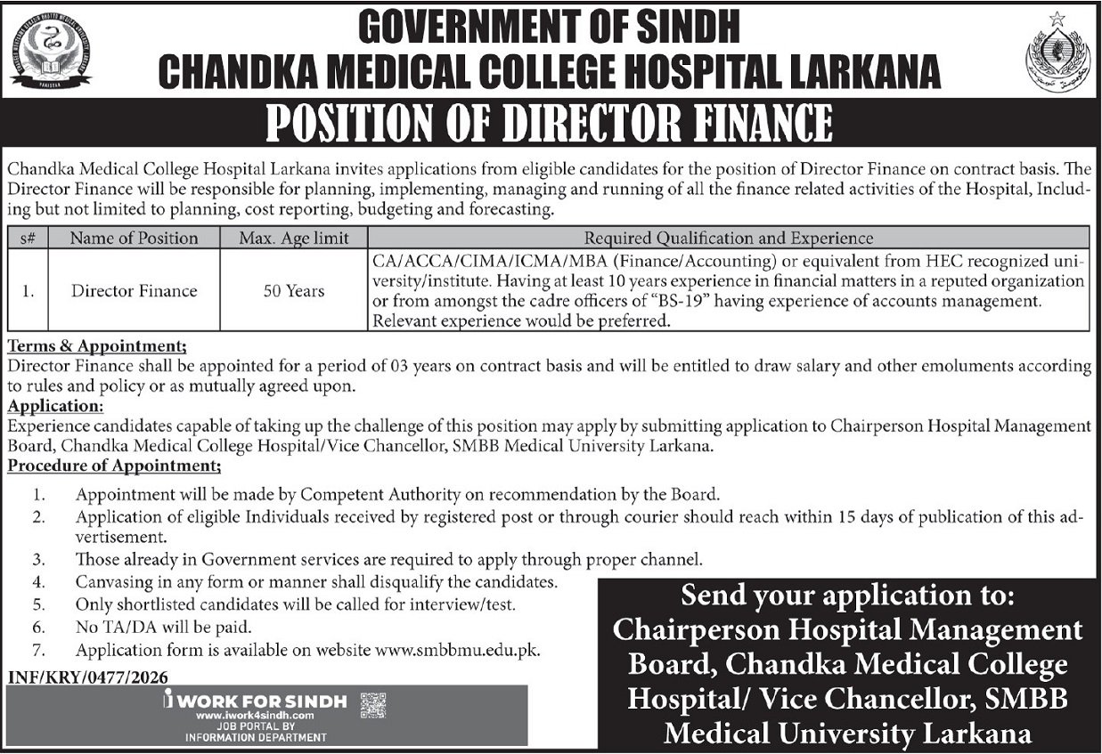 Chandka Medical College Hospital Larkana Jobs 2026 – Chandka Medical College (CMC) Larkana Sindh Jobs 2026 — original advertisement