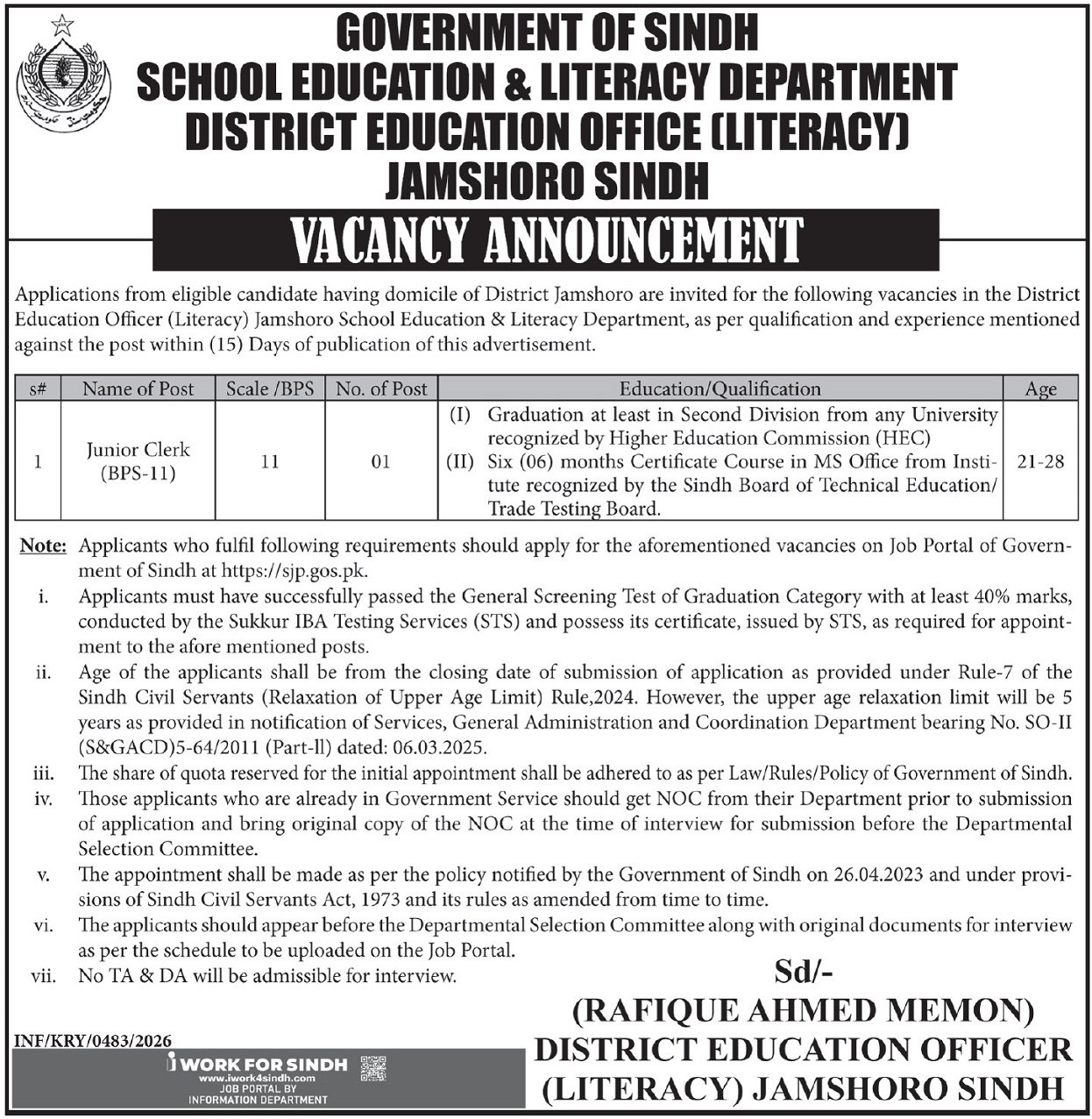 School Education & Literacy Department Jamsharo Jobs 2026 – School Education & Literacy Department Sindh Jobs 2026 — original advertisement