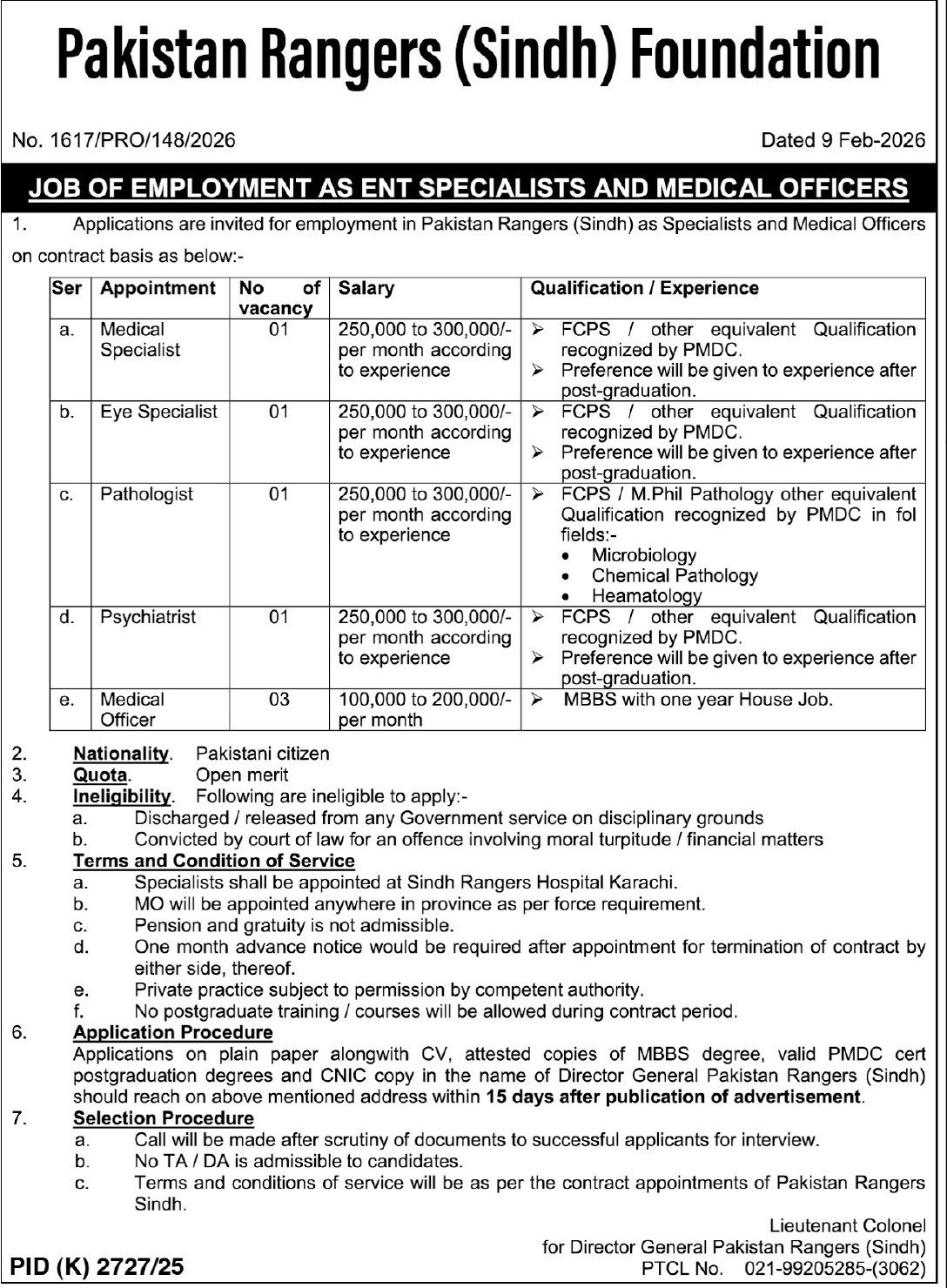 Pakistan Rangers Sindh Foundation Jobs 2026 Medical Officers – Sindh Rangers Jobs 2026 — original advertisement