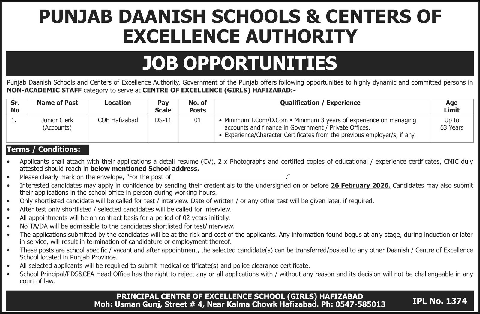 Punjab Daanish Schools & Center Of Excellence Authority Job Jobs 2026 — original advertisement