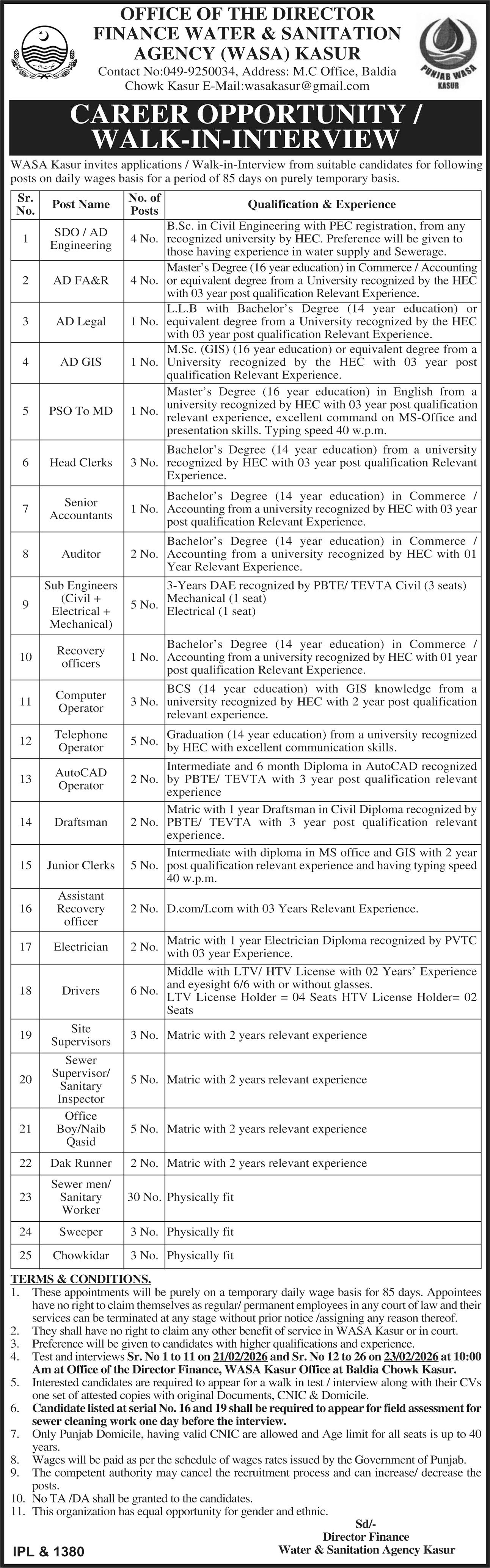 Water And Sanitation Agency WASA Kasur Jobs 2026 – Water and Sanitation Agency (LDA) Lahore Jobs 2026 — original advertisement