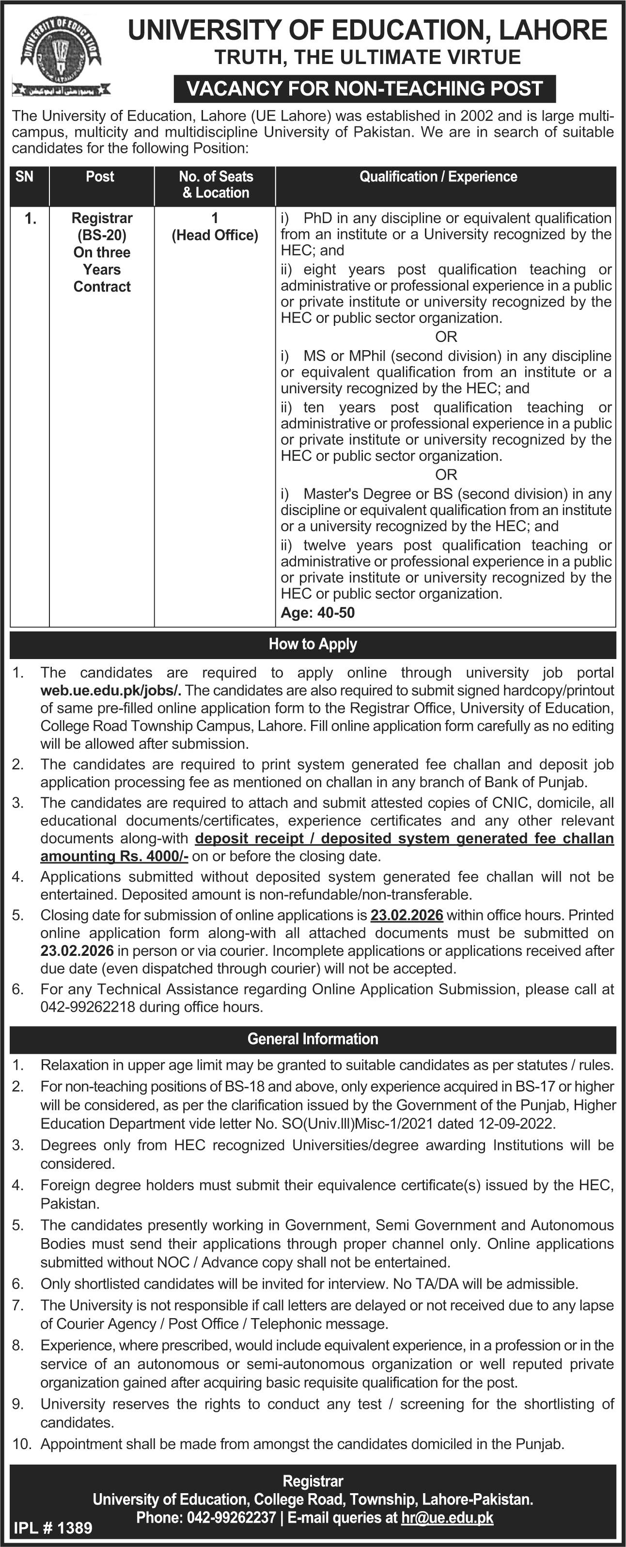 University Of Education Lahore Job 2026 Jobs 2026 — original advertisement