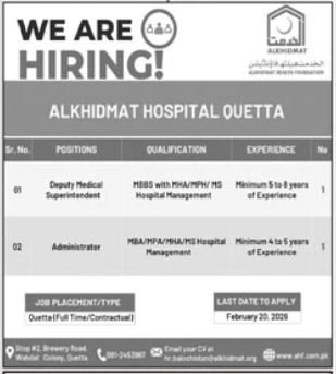 Al Khidmat Hospital Quetta Jobs 2026 – Alkhidmat Jobs 2026 — original advertisement