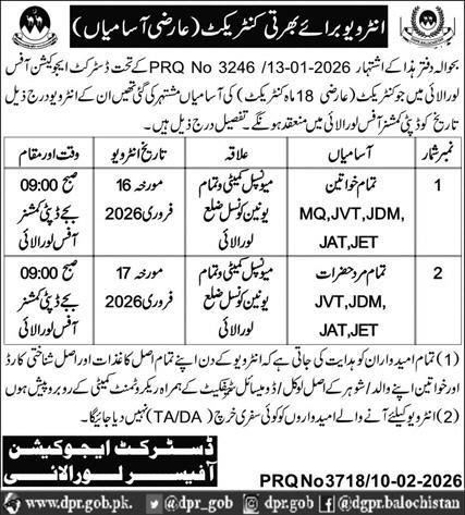 District Education Officer DEO Loralai Jobs Interview 2026 – Education Department Balochsitan Jobs 2026 — original advertisement