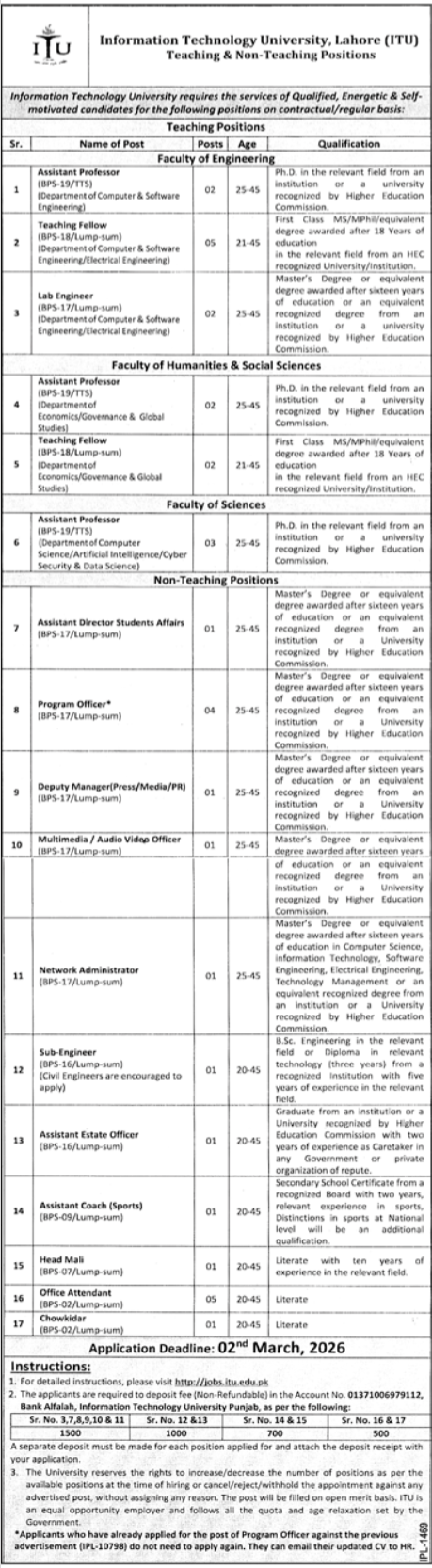 Information Technology University ITU Lahore Jobs 2026 – Information Technology University of the Punjab Lahore Jobs 2026 — original advertisement