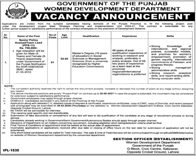 Women Development Department Lahore Job 2026 – Women Development Department Punjab Jobs 2026 — original advertisement