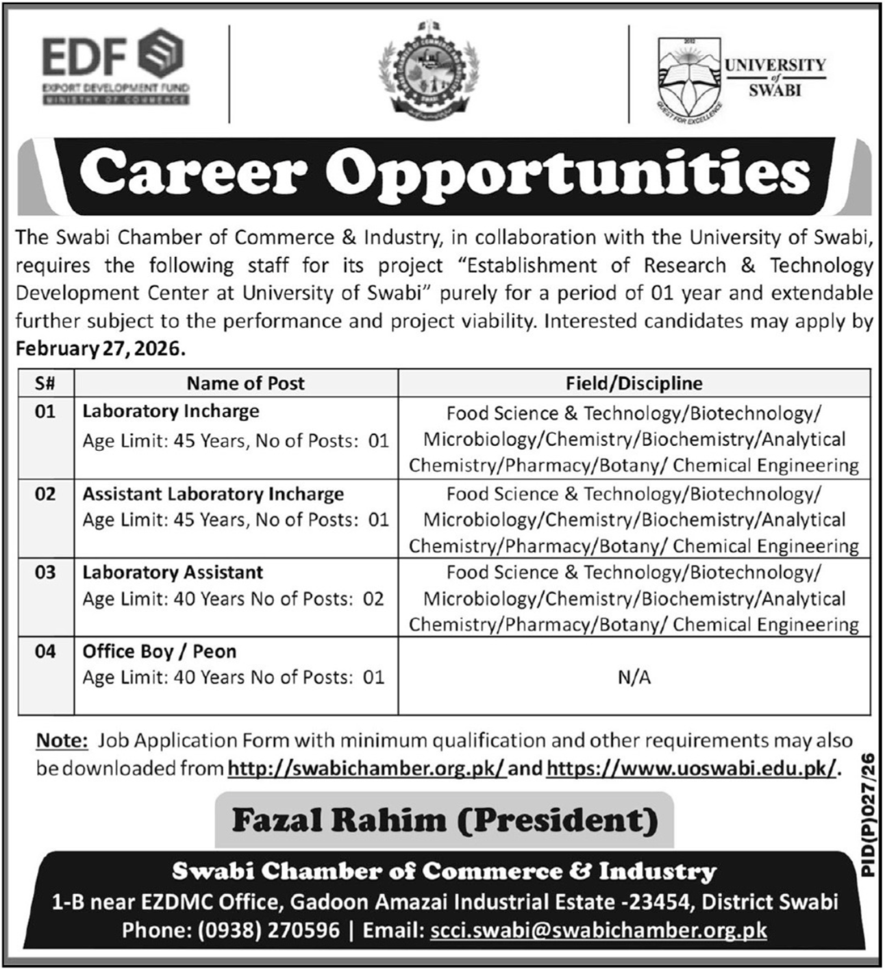 Swabi Chamber Of Commerce & Industry Jobs 2026 – University of Swabi Jobs 2026 — original advertisement