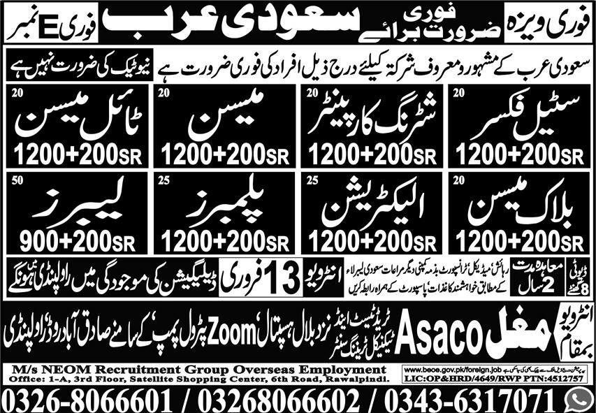 Block Mason & Electrician Jobs 2026 In Saudi Arabia – Mughal Trade Test & Technical Training Center Jobs 2026 — original advertisement