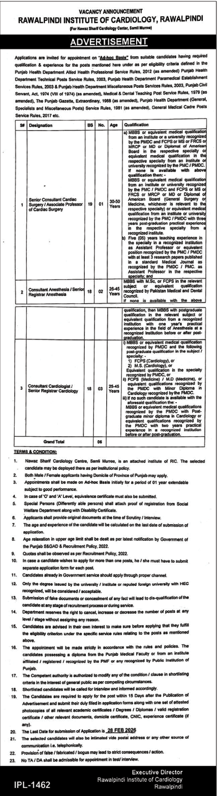 Rawalpindi Institute Of Cardiology Jobs 2026 – Punjab Institute of Cardiology Lahore Jobs 2026 — original advertisement