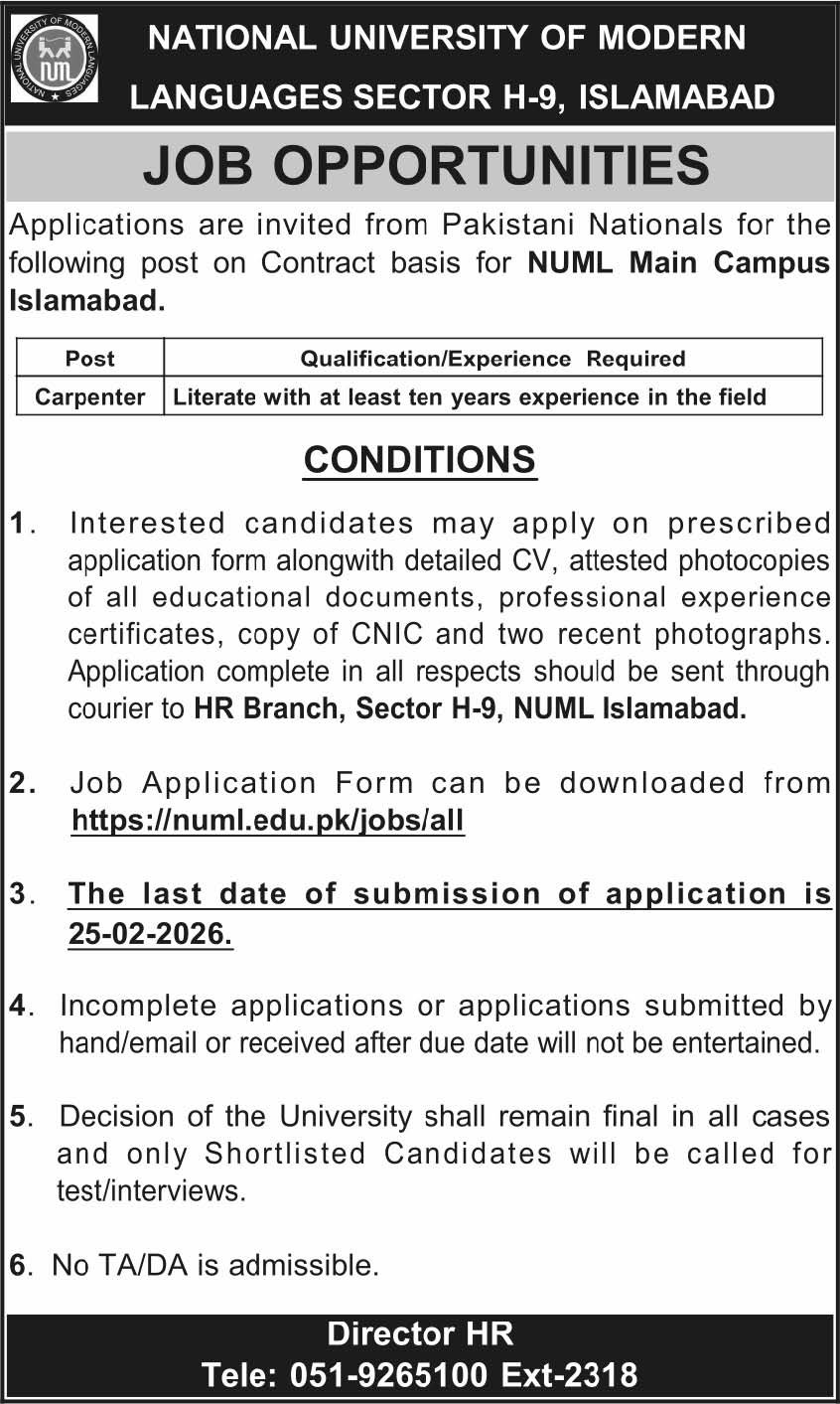 National University Of Modern Languages NUML Islamabad Job – National University of Modern Languages Islamabad Jobs 2026 — original advertisement