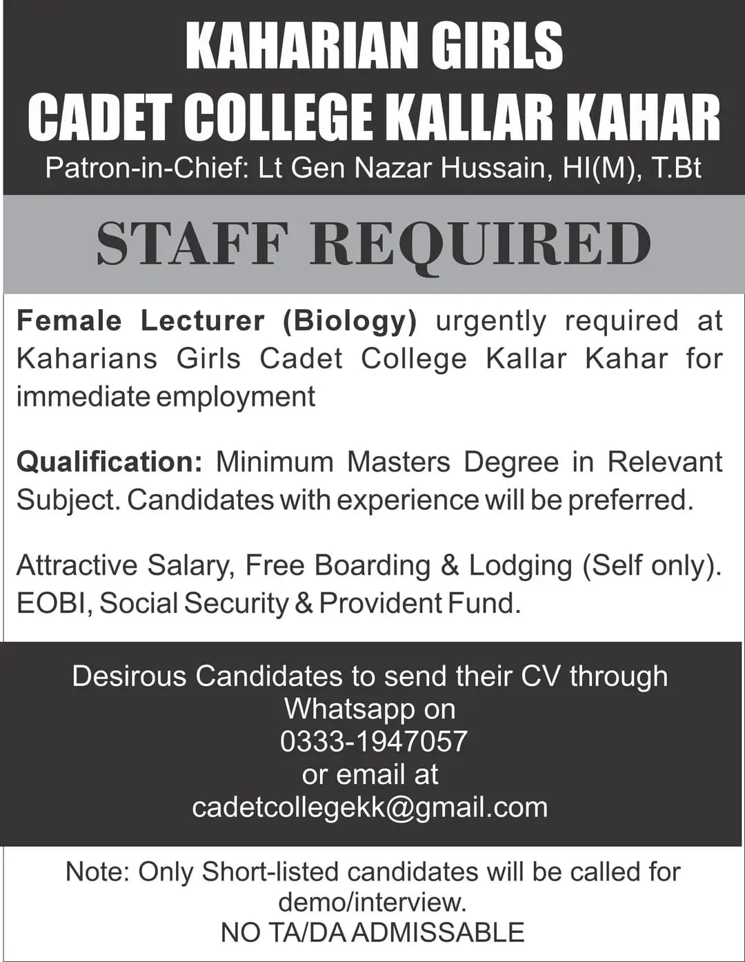 KAHARIAN GIRLS CADET COLLEGE KALLAR KAHAR Jobs – Cadet College Kallar Kahar Punjab Jobs 2026 — original advertisement