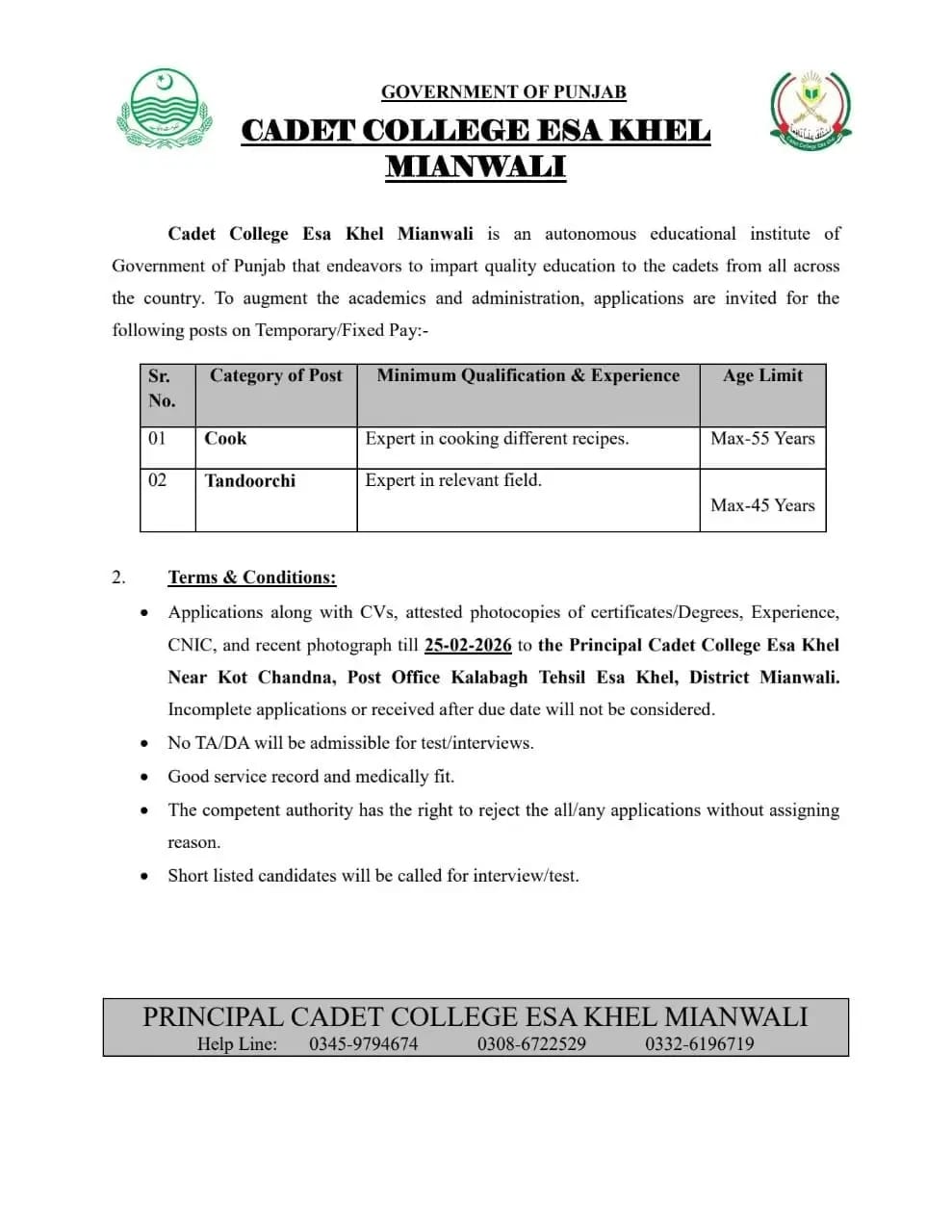Cadet College Esa Khel Mianwali Punjab Jobs 2026 Jobs 2026 — original advertisement