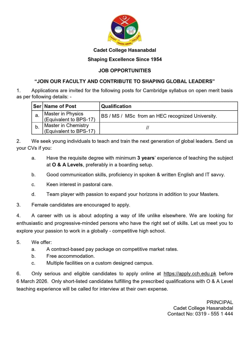 Cadet College Hasanabdal Jobs 2026 – Cadet College Hasan Abdal Jobs 2026 — original advertisement