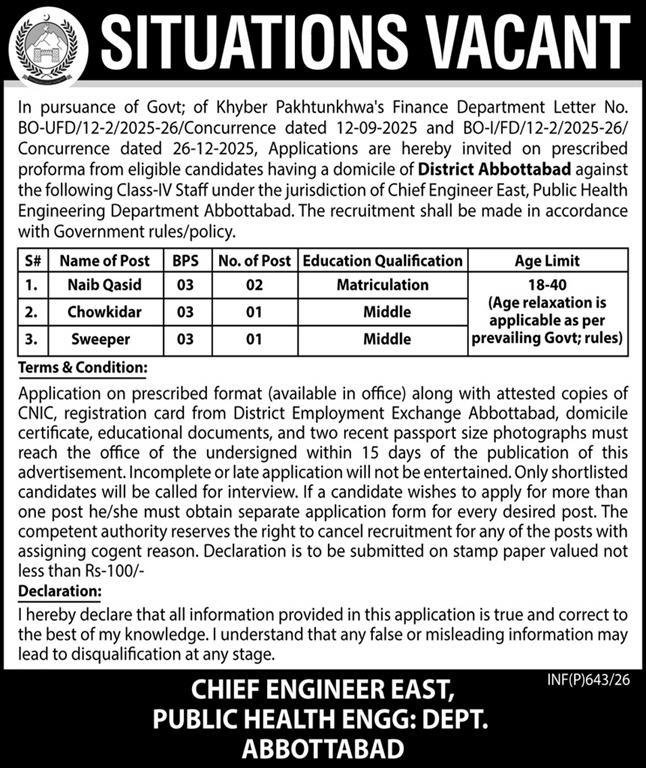 Public Health Engineering Department PHED Jobs 2026 – Public Health Engineering Department KPK Jobs 2026 — original advertisement