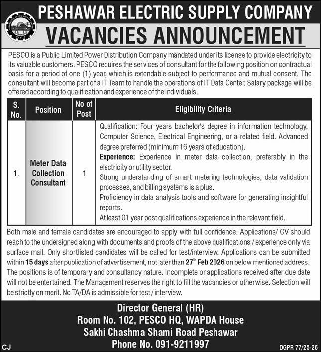 Peshawar Electric Supply Company PESCO Jobs 2026 – Peshawar Electric Supply Company - PESCO Jobs 2026 — original advertisement