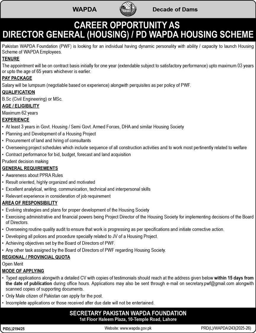 Pakistan Wapda Foundation PWF Lahore Jobs 2026 – Water and Power Development Authority Jobs 2026 — original advertisement