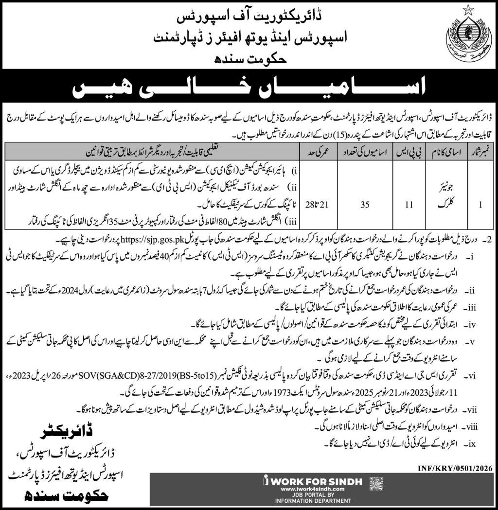 Sports & Youth Affairs Department Jobs 2026 For Junior Clerk – Sports & Youth Affairs Department Sindh Jobs 2026 — original advertisement