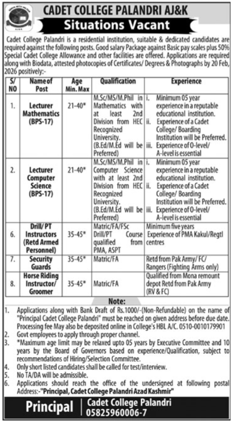 Cadet College Palandri Jobs 2026 – Cadet College Palandri Azad Kashmir Jobs 2026 — original advertisement