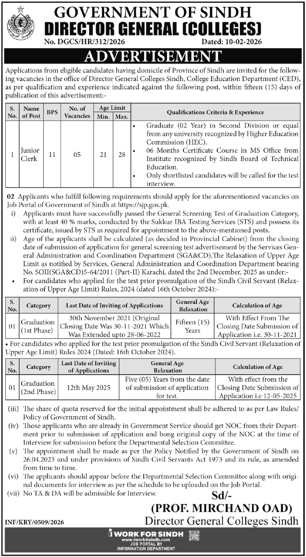 Director General Colleges Sindh Jobs 2026 For Junior Clerk – Govt of Sindh Jobs 2026 — original advertisement