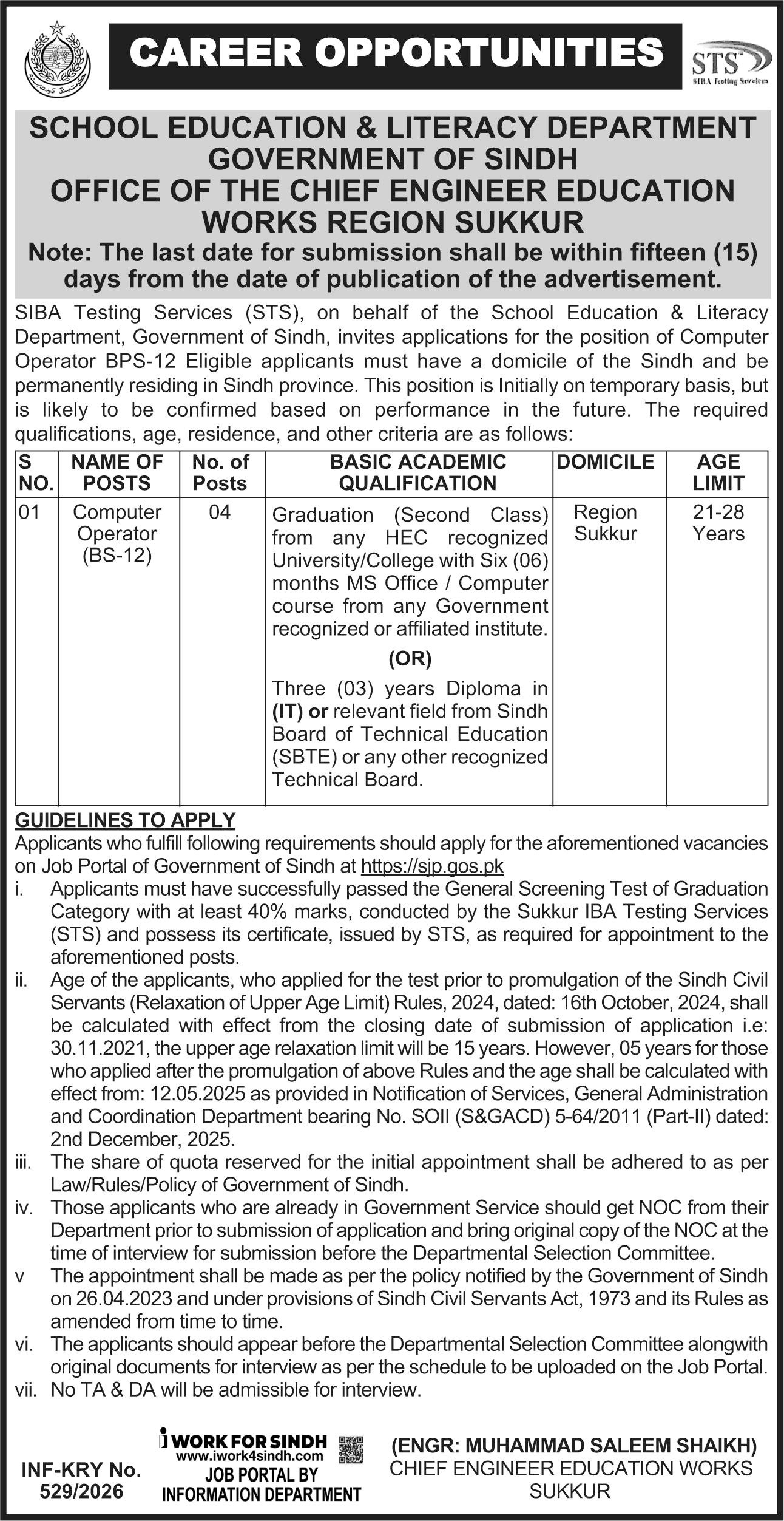 School Education & Literacy Department Sukkur Job 2026 – School Education & Literacy Department Sindh Jobs 2026 — original advertisement