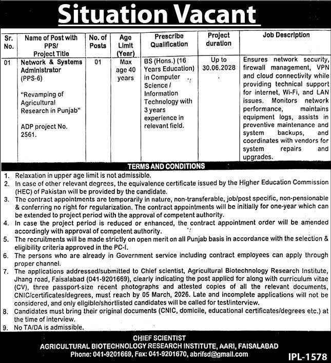 Agricultural Biotechnology Research Institute AARI Jobs 2026 – Punjab Agriculture Research Board (PARB) Jobs 2026 — original advertisement