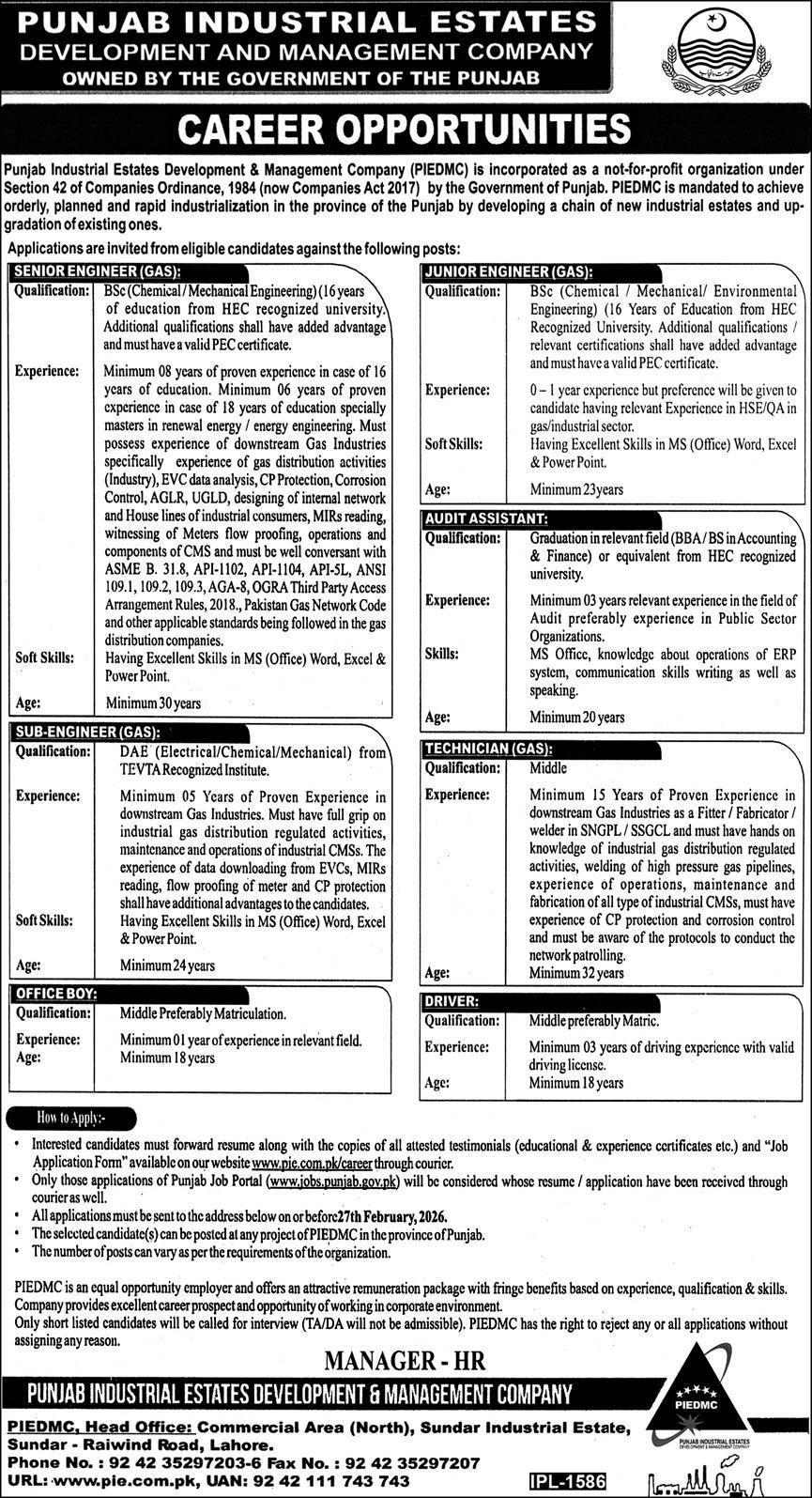 Punjab Industrial Estates PIEDMC Lahore Jobs 2026 – Punjab Industrial Estates Development & Management Company Jobs 2026 — original advertisement