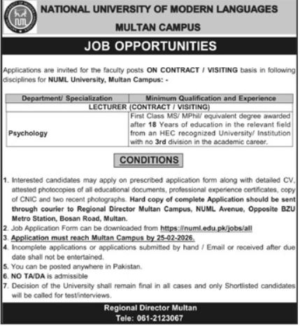 National University Of Modern Languages Multan Job – National University of Modern Languages Islamabad Jobs 2026 — original advertisement