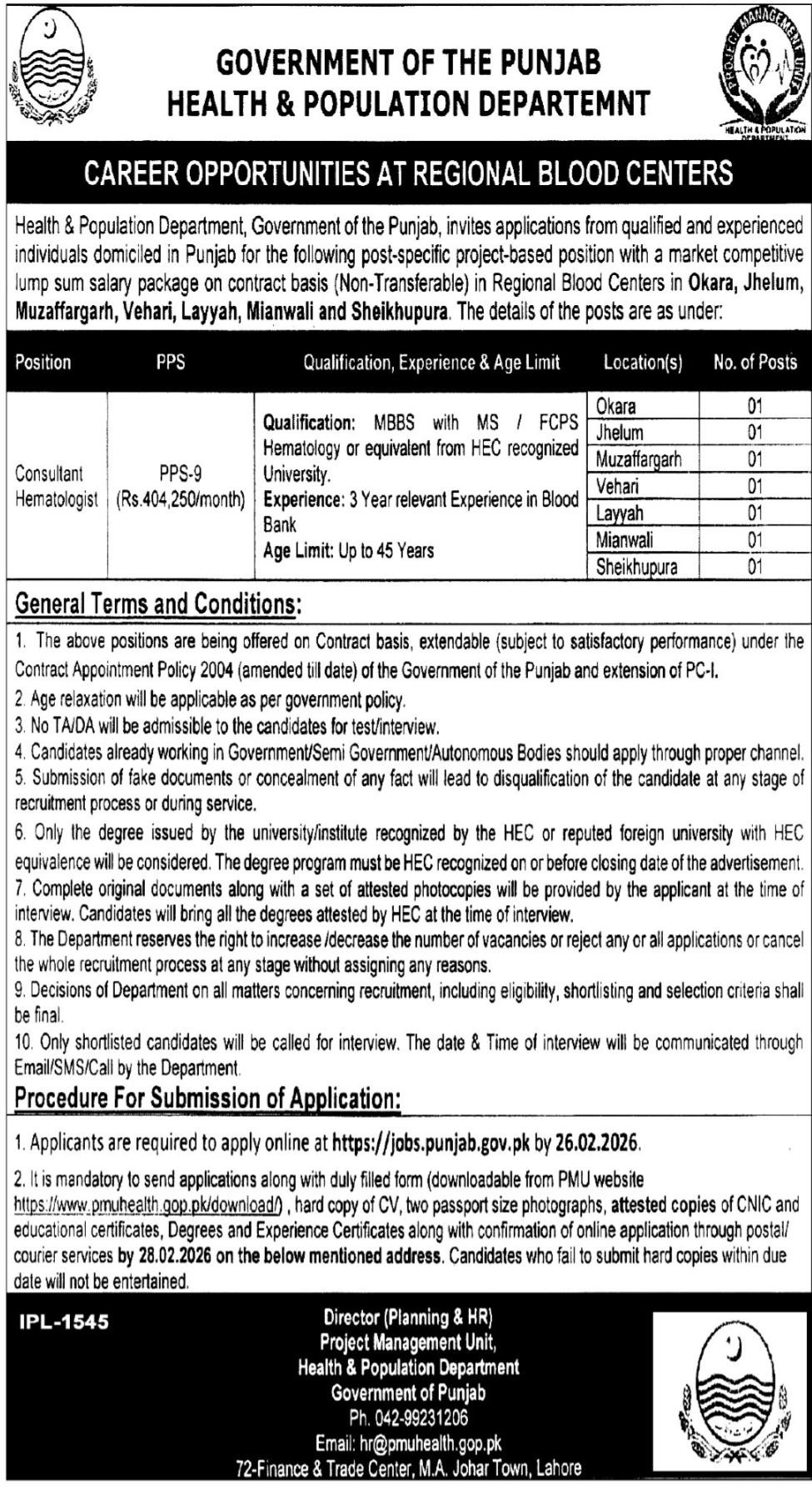 Health & Population Department Lahore Job 2026 – Population Welfare Department Punjab Jobs 2026 — original advertisement
