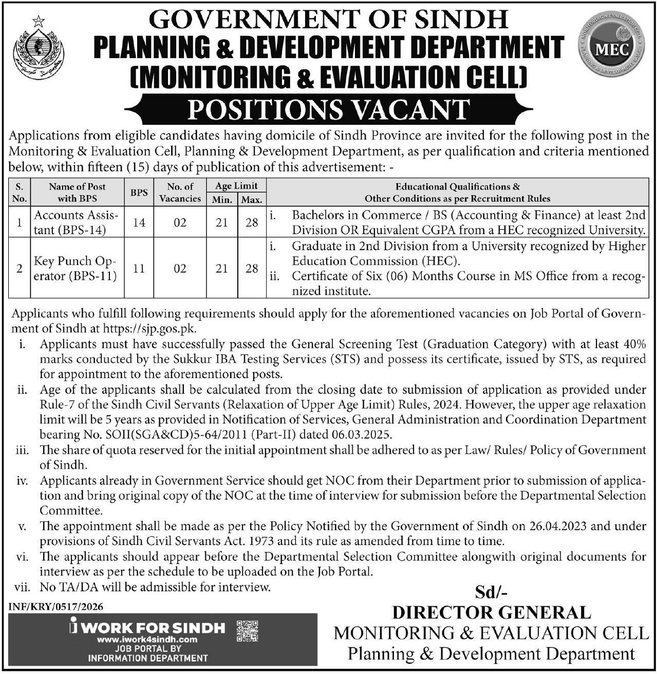 Monitoring & Evaluation Cell P&D Department Sindh Jobs 2026 – Planning & Development Department Sindh Jobs 2026 — original advertisement
