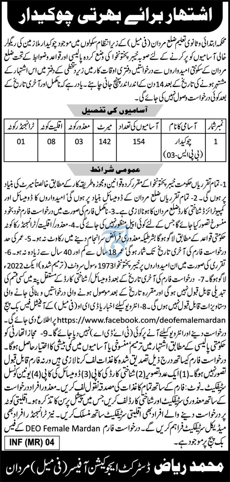 Education Department Mardan Job 2026 – Elementary & Secondary Education Department KPK Jobs 2026 — original advertisement