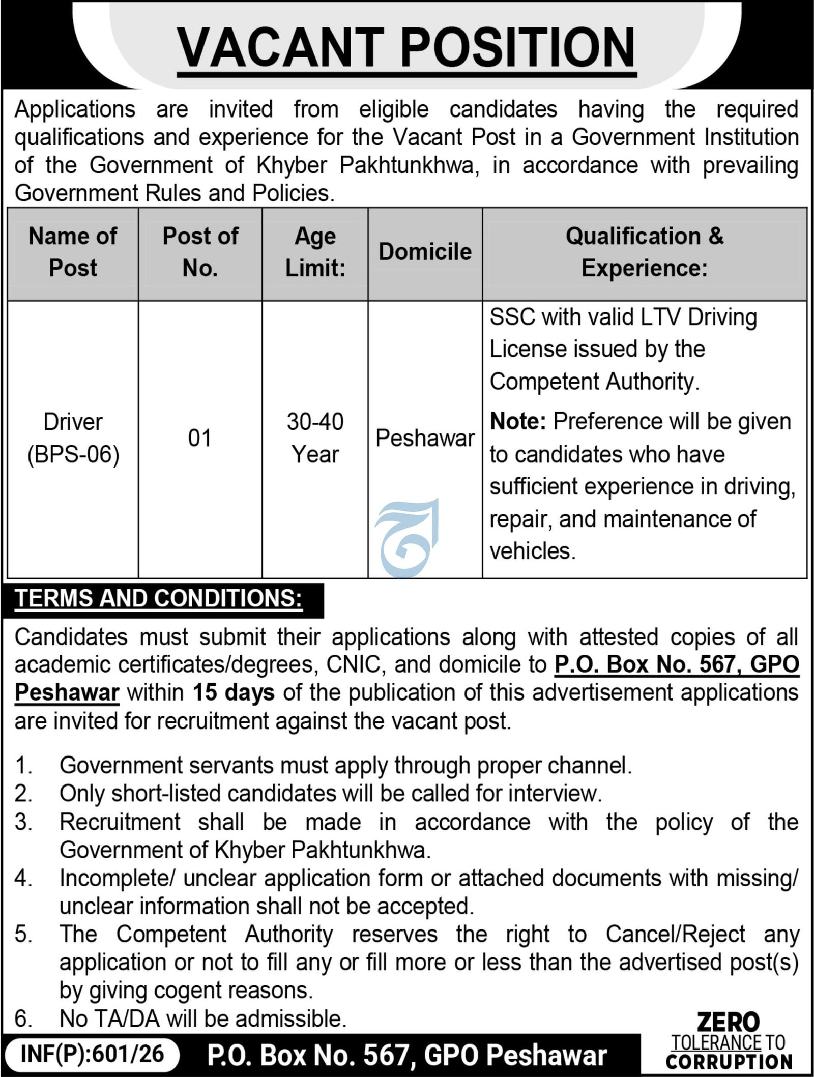 Government Organization Peshawar Job 2026 – Public Sector Organization Jobs 2026 — original advertisement
