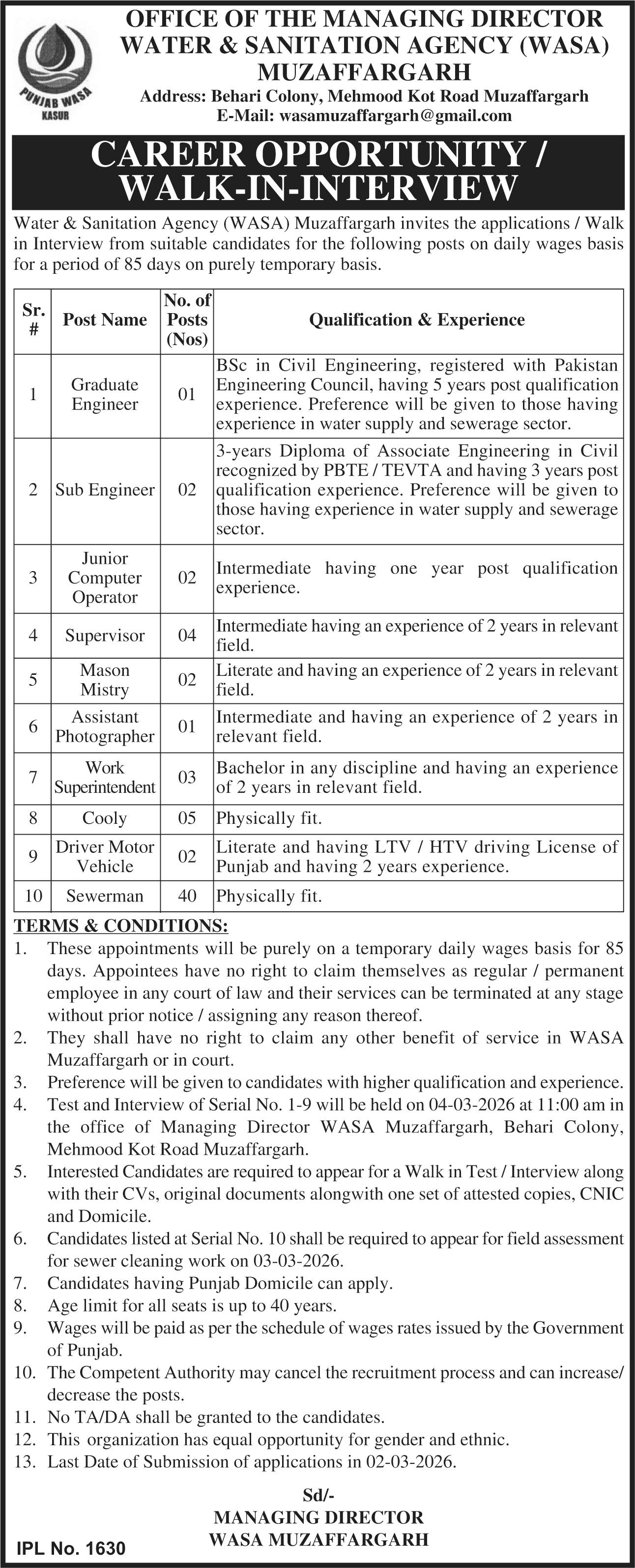 Water And Sanitation Agency WASA Muzffaragarh Jobs 2026 – Irrigation Department Punjab Jobs 2026 — original advertisement
