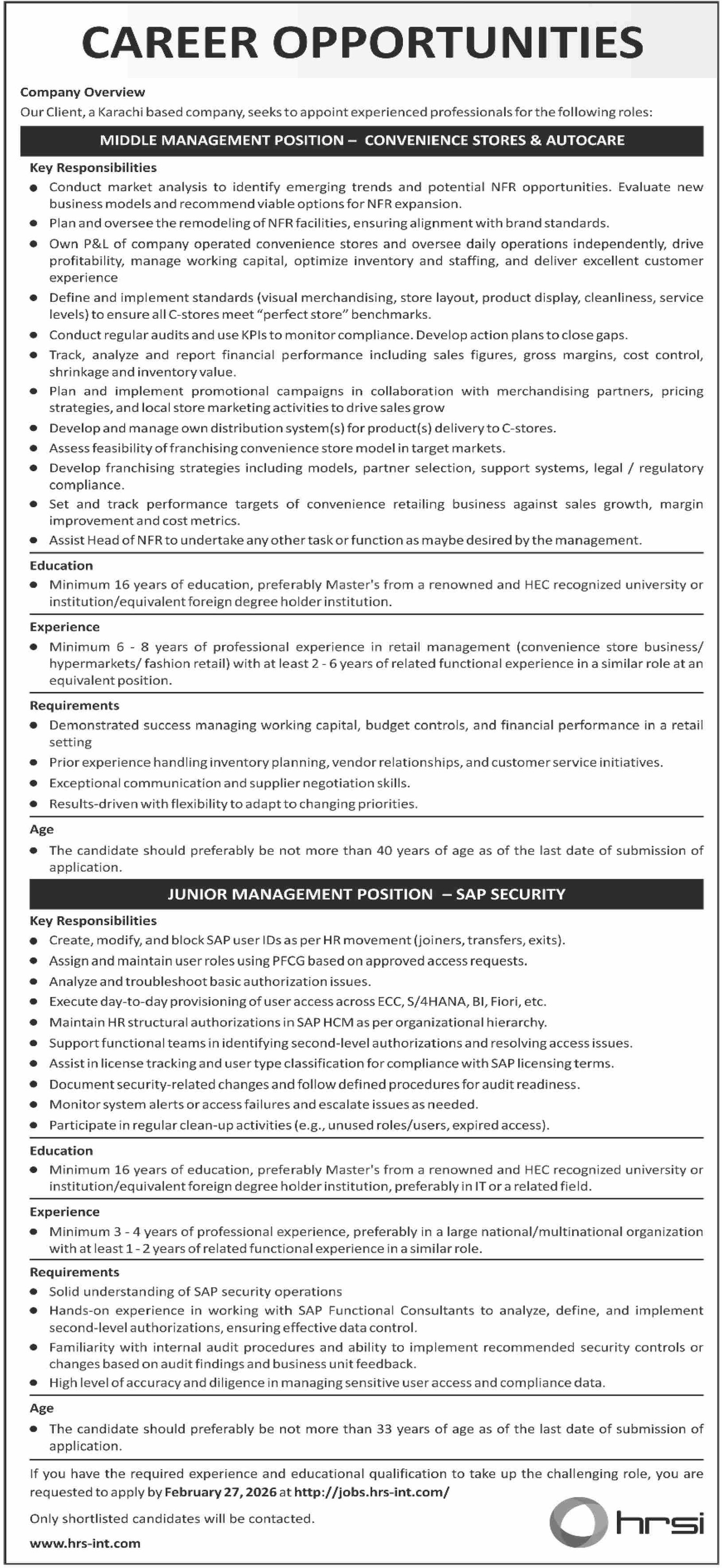 Human Resource Solutions International HRSI Jobs 2026 – HRSG People and Business karachi Jobs 2026 — original advertisement